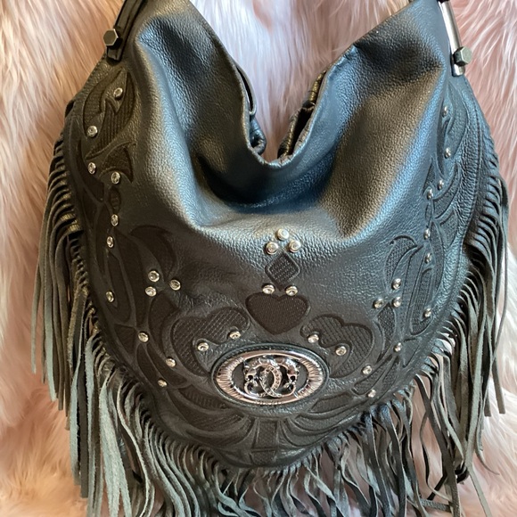 Sharif Gray Leather Hobo with Fringe and Studs - Picture 3 of 16